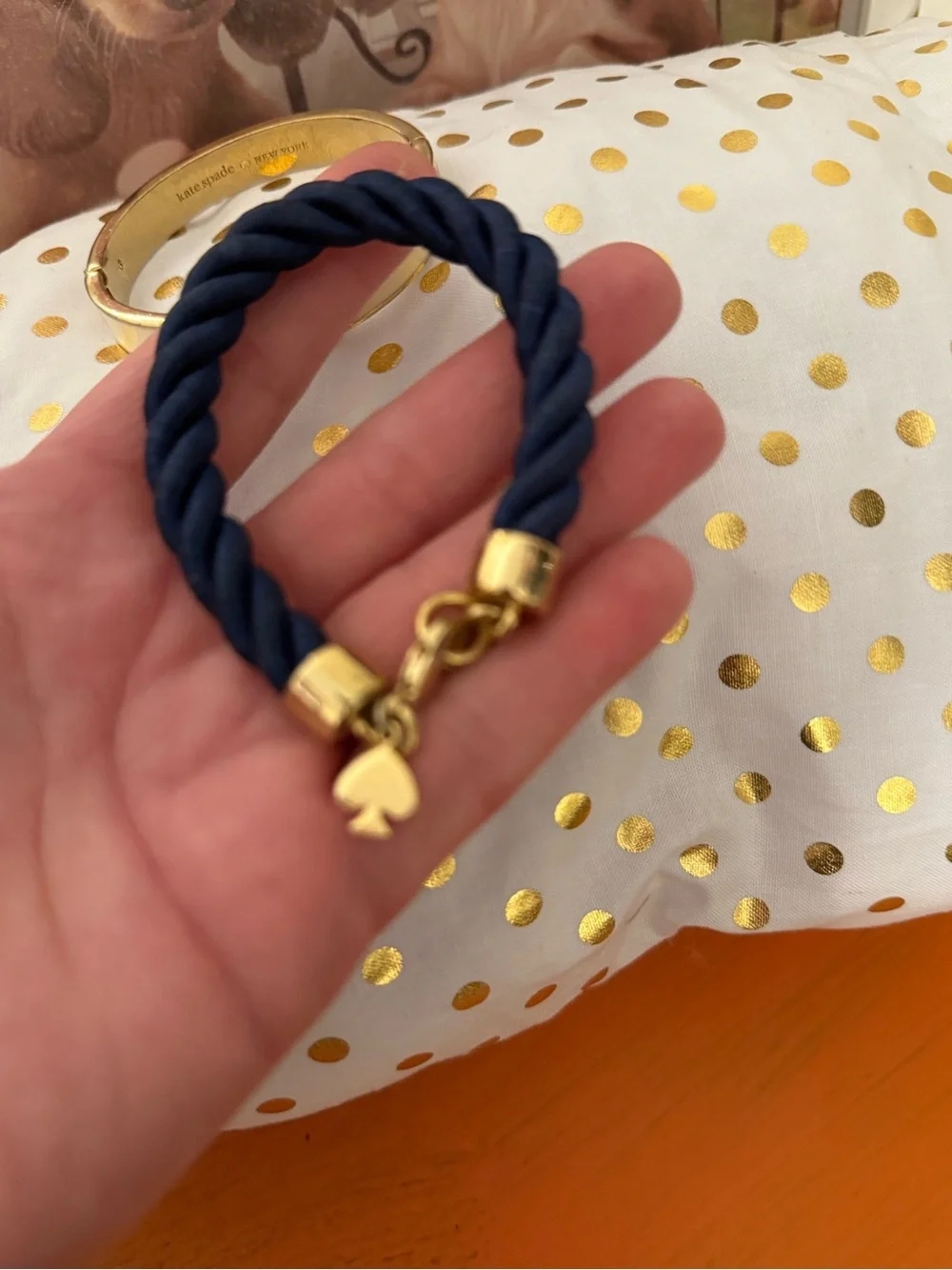 Kate Spade Gold/Cream Bangle with Navy Braided Rope Bracelet Set - Picture 2 of 7